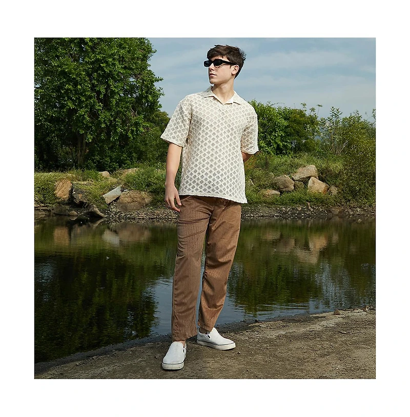 Campus Sutra Men's Off-White Oblique Oversized Polo T-Shirt