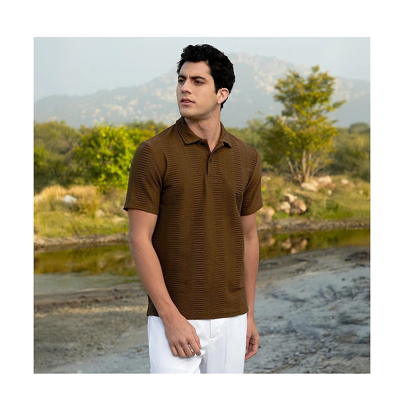 Campus Sutra Men's Mocha Brown Flatten-Ruched Polo T-Shirt
