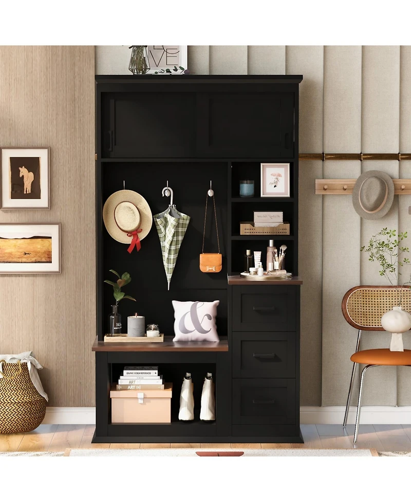 Entryway Hall Tree with Bench, Storage, and Hooks