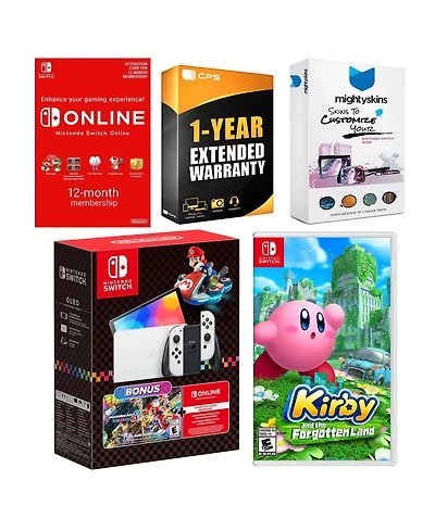Nintendo Switch Oled Console Mario Kart 8 Bundle with Kirby and the Forgotten Land, Nso 12 Month Family Membership