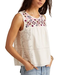 Lucky Brand Women's Lace-Trim Embroidered Cotton Sleeveless Top