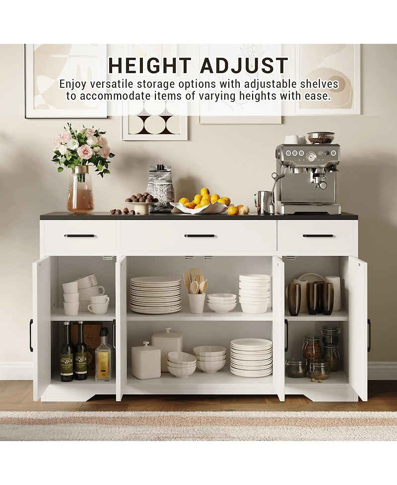 55"Modern Farmhouse Sideboard Cabinet with 4 Doors & Drawers, Rustic White Wood Coffee Bar Buffet with Adjustable Shelves, Kitchen Storage Cabine