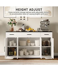 55"Modern Farmhouse Sideboard Cabinet with 4 Doors & Drawers, Rustic White Wood Coffee Bar Buffet with Adjustable Shelves, Kitchen Storage Cabine