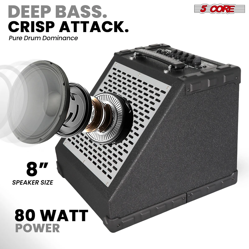 5 Core Electric Drum Amplifier 80W Professional Bluetooth Drumming Amp w 8” Speaker w 3 Band Eq