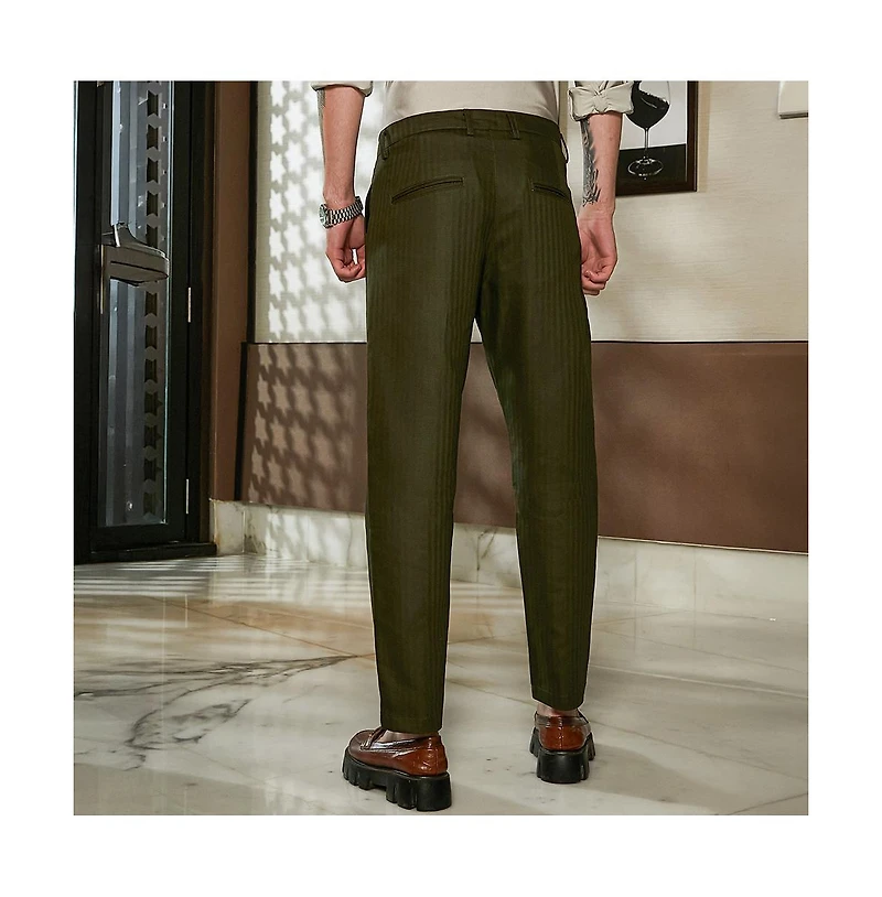 Campus Sutra Men's Juniper Green Striped Tailored Trousers