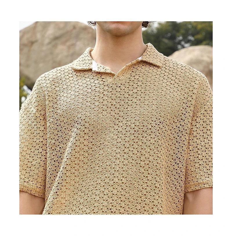 Campus Sutra Men's Buff Beige Lozenge Oversized Polo T-Shirt