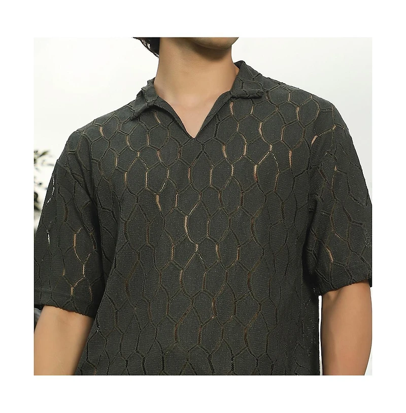 Campus Sutra Men's Juniper Green Honeycomb-Knit Polo T-Shirt