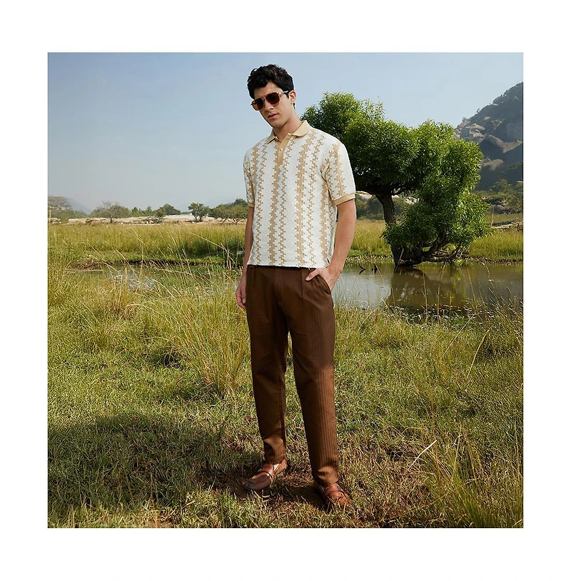 Campus Sutra Men's Buff Beige & Cream White Indie-Block Polo T-Shirt