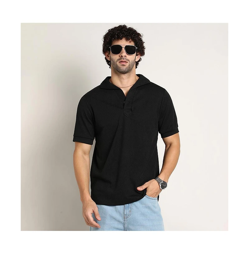Campus Sutra Men's Onyx Black Tactitle Spread-Polo T-Shirt