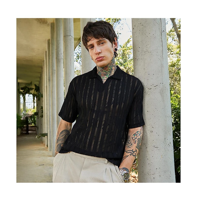 Campus Sutra Men's Onyx Black Duo-Striped Relaxed Polo T-Shirt