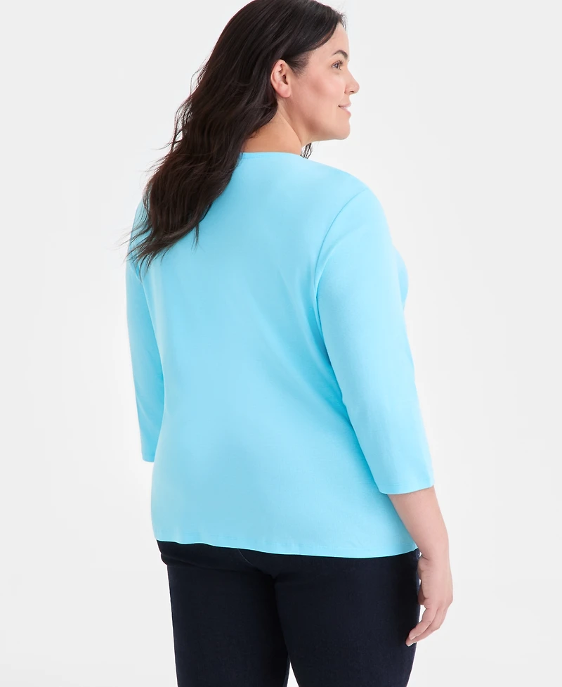 Style & Co Plus Cotton V-Neck 3/4-Sleeve Top, Exclusively at Macy's