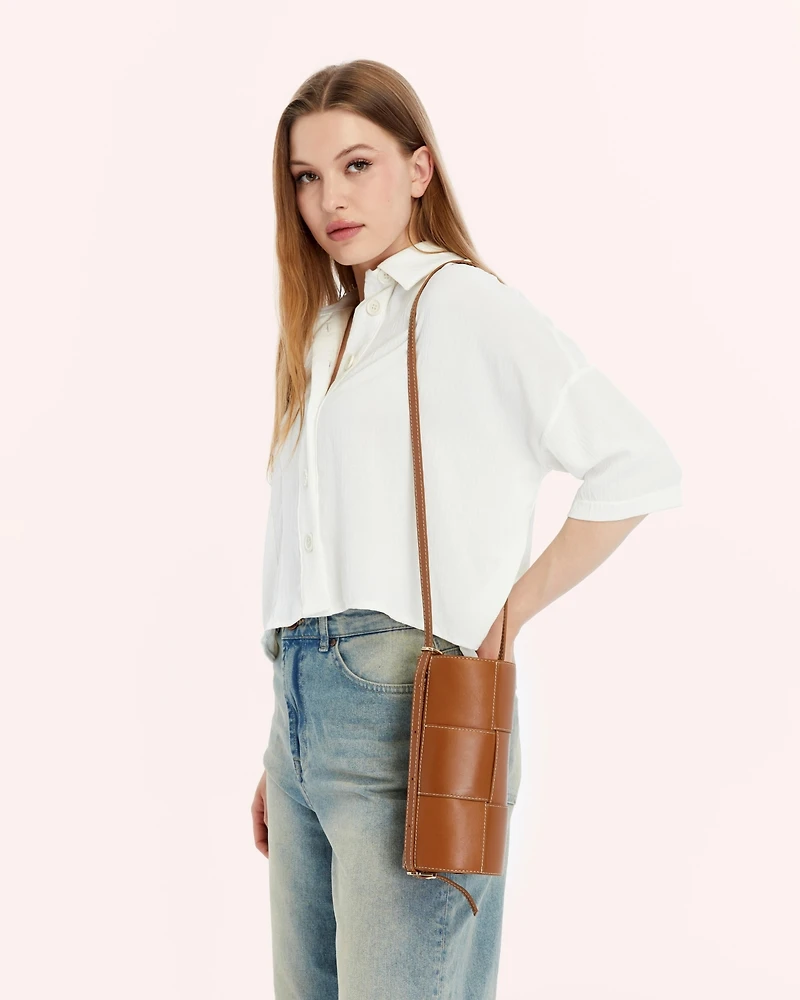 Women's Woven Leather Barrel Bag, Created for Macy's