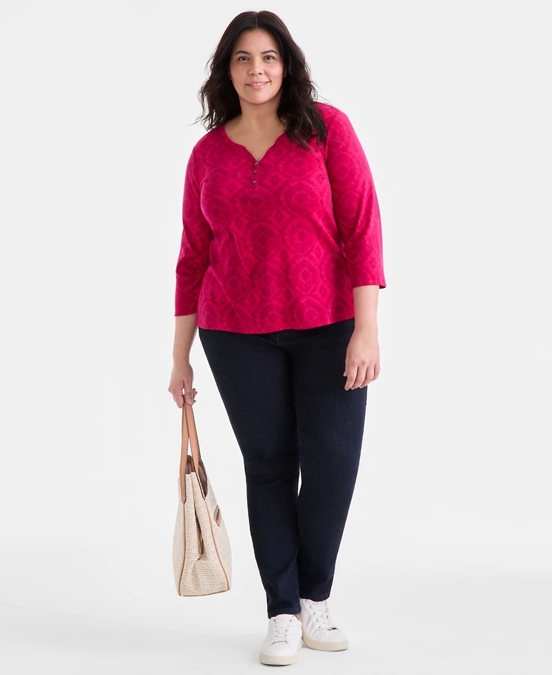 Style & Co Plus Size Printed 3/4-Sleeve Henley Top, Exclusively at Macy's