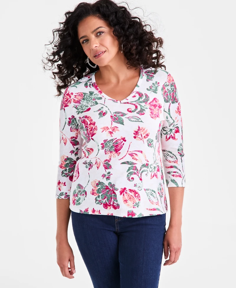 Style & Co Women's Printed 3/4-Sleeve V-Neck Knit Top, Exclusively at Macy's