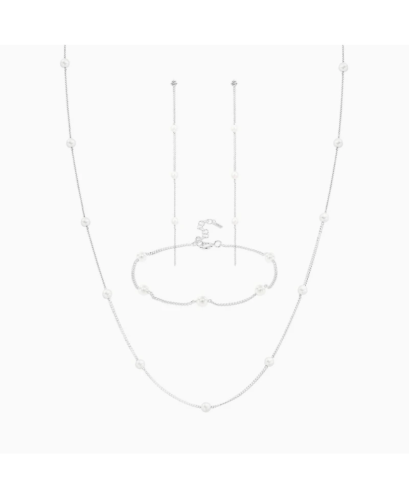 Sterling Silver Infinite Cultured Pearl Bracelet, Necklace & Drop Earrings Set
