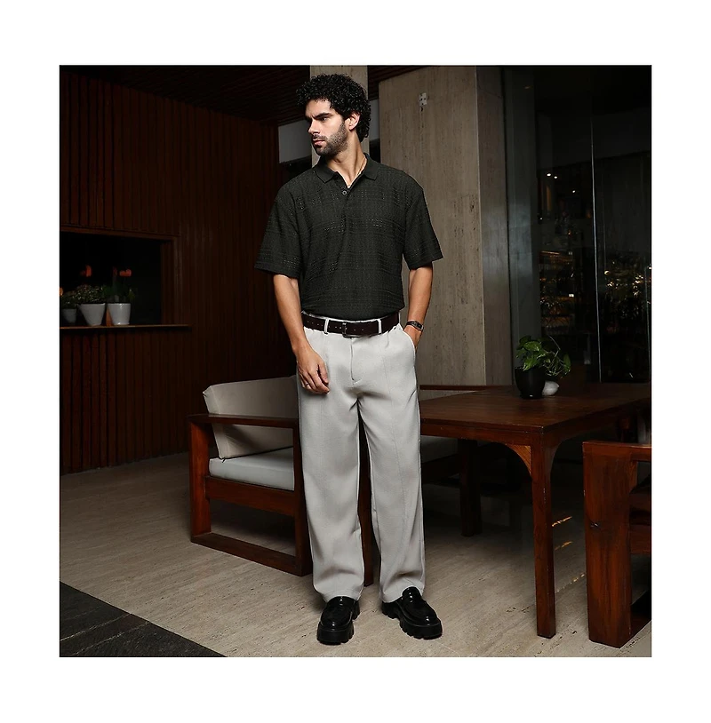 Campus Sutra Men's Midnight Black Bohomian Oversized Polo T-Shirt