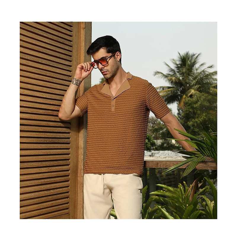 Campus Sutra Men's Coffee Brown Crease-Tactile Cuban Polo T-Shirt