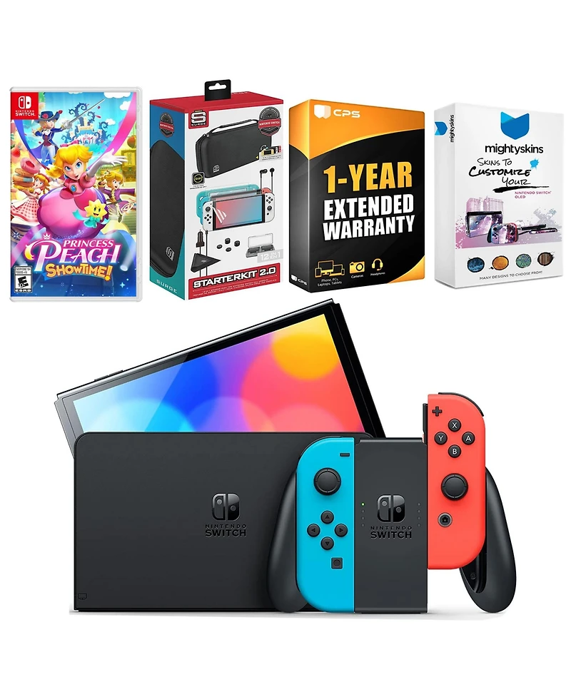 Nintendo Switch Neon Red & Blue Oled Console with Princess Peach: Showtime! Edition, Surge Accessory Gaming Kit
