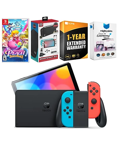 Nintendo Switch Neon Red & Blue Oled Console with Princess Peach: Showtime! Edition, Surge Accessory Gaming Kit