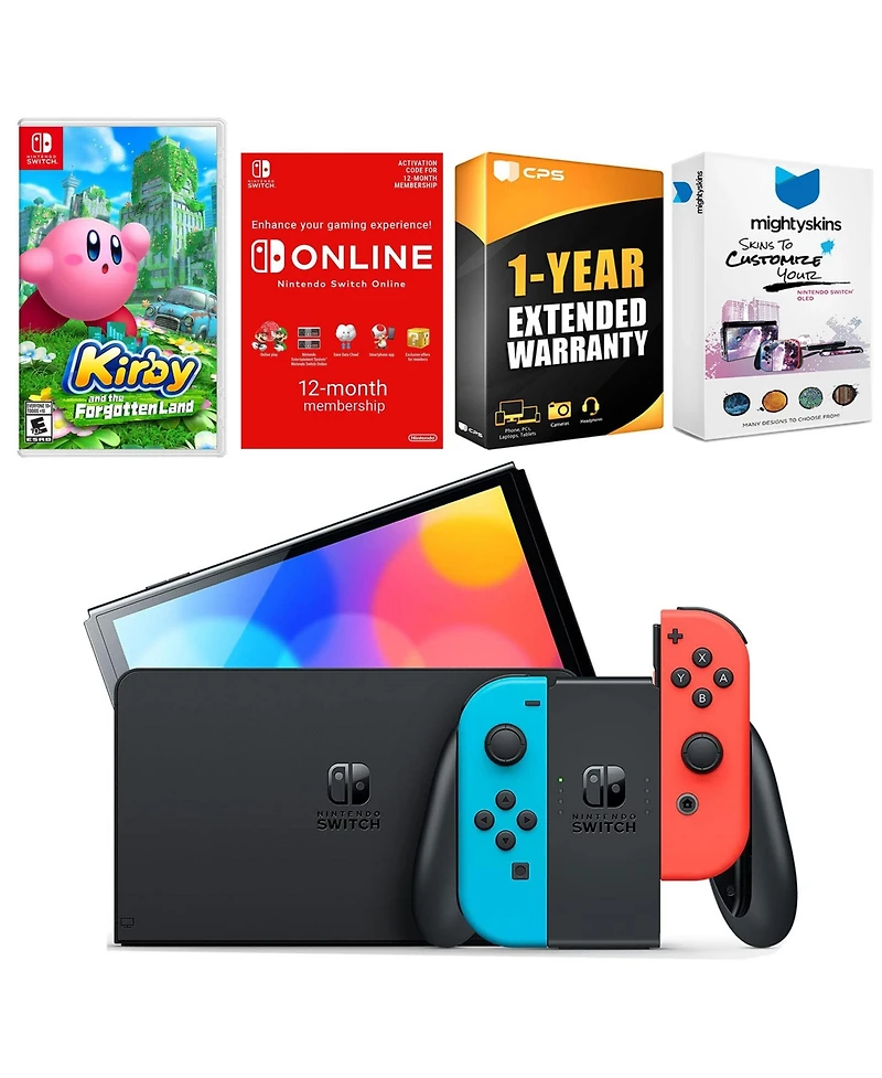 Nintendo Switch Neon Red & Blue Oled Console with Kirby and the Forgotten Land, Nso 12 Month Family Membership