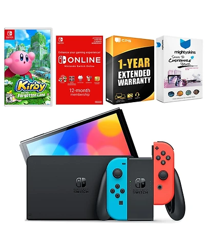Nintendo Switch Neon Red & Blue Oled Console with Kirby and the Forgotten Land, Nso 12 Month Family Membership