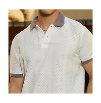 Campus Sutra Men's Chalk White & Pastel Purple Contrast Open-Knit Polo T-Shirt