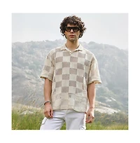 Campus Sutra Men's Off-White Grid Oversized Polo T-Shirt