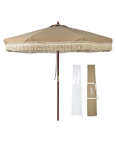 LAGarden Boho 9' Fringe Patio Umbrella with Tassels UPF50+ Boho Style 5-Year-Non-Fading for Outdoor Yard Market Mocha Meander