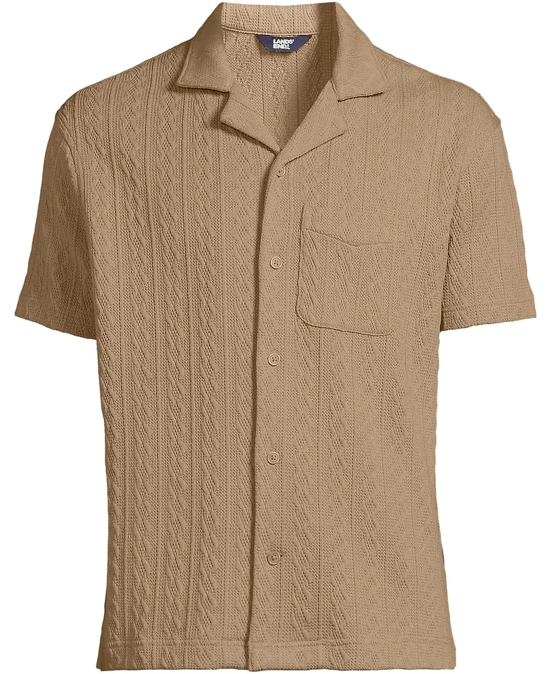 Lands' End Men's Short Sleeve Textured Cable Camp Collar Button Through Shirt