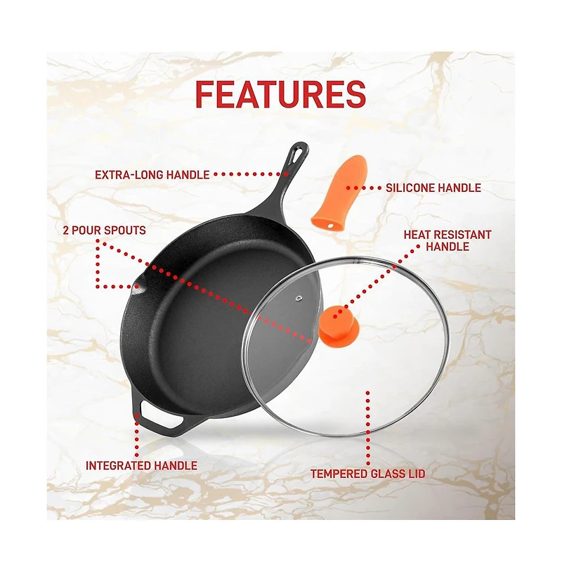 NutriChef 12'' Pre-Seasoned Cast Iron Pan with Glass Lid & Silicone Handle NCCI12