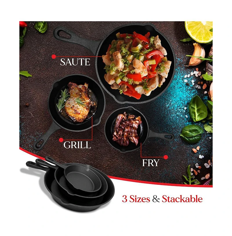 NutriChef Cast Iron Skillet Pan Set - 3 Pre-Seasoned Skillets (6", 8", 10") with Scraper