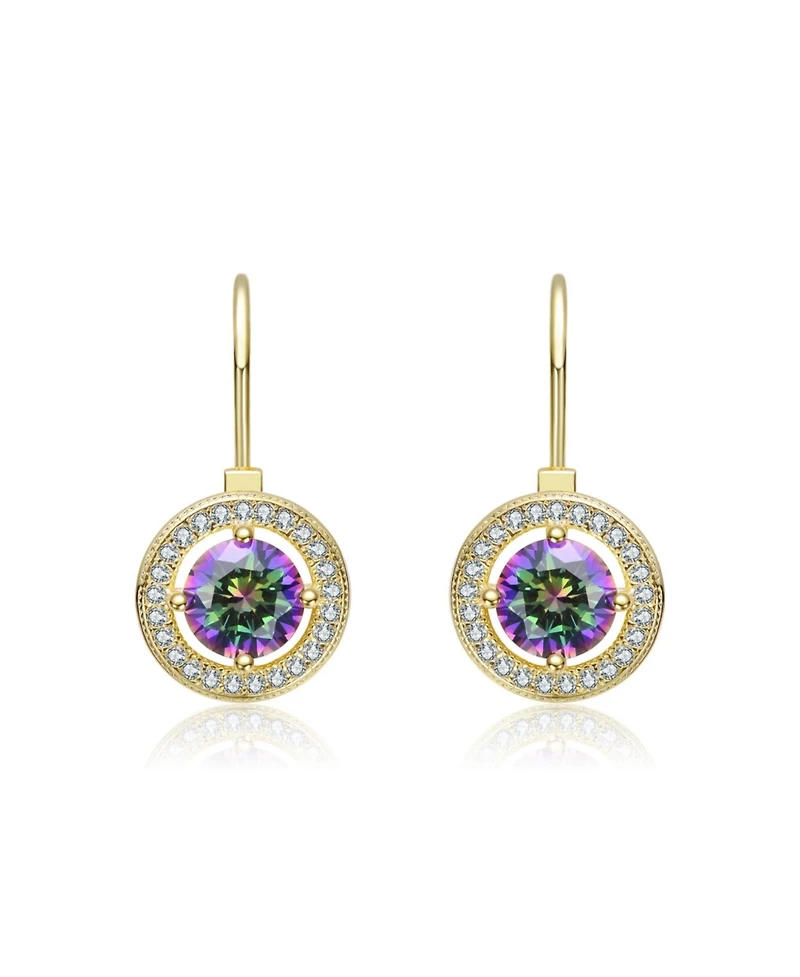 14K Gold Plated with Round Colored Cubic Zirconia Leverback Earrings
