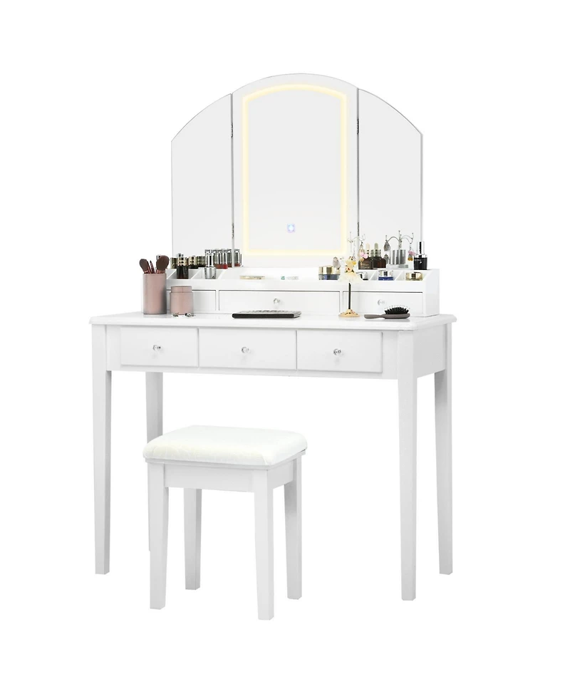 Vanity Table Stool Set with Large Tri-folding Lighted Mirror