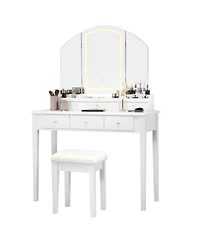 Vanity Table Stool Set with Large Tri-folding Lighted Mirror