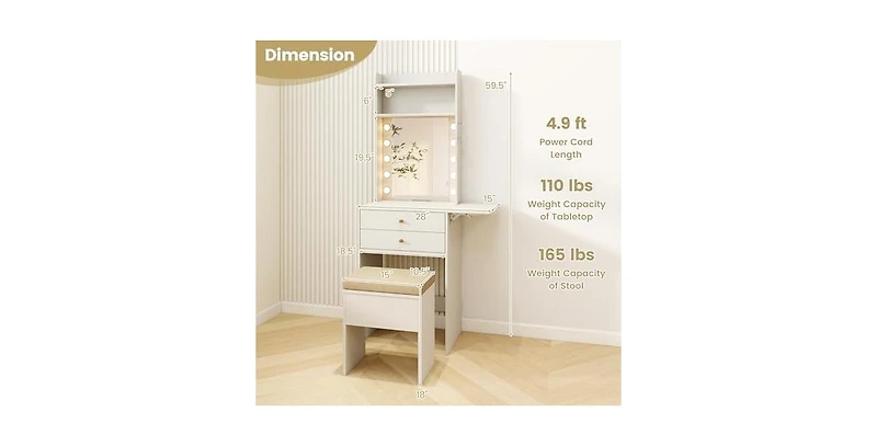 Compact Vanity Desk Set with 3-Color Lighted Mirror and Power Outlets