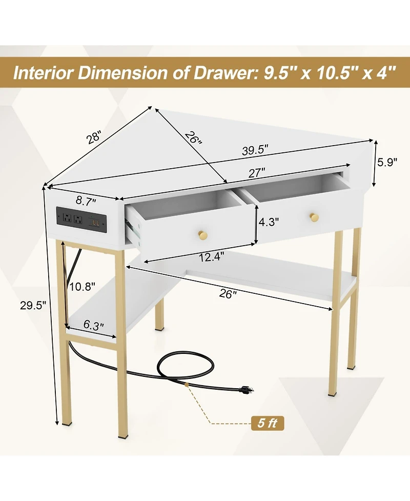 Space Saving Corner Computer Desk with 2 Large Drawers