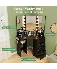 Corner Vanity Desk with 3-Color Led Lighted Mirror and Power Outlet