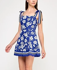 Trixxi Juniors' Cotton Printed Tie-Shoulder Short Dress