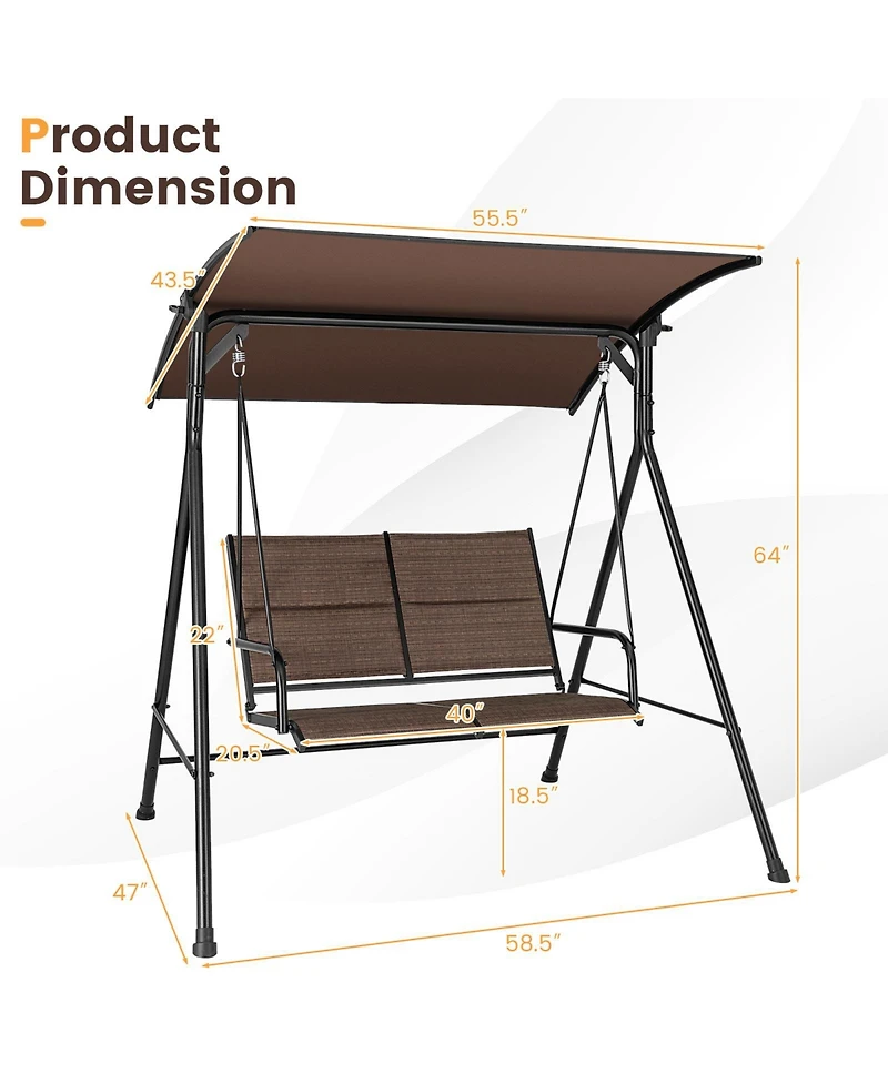 Gymax Porch Swing Glider 2 Seat Soft Cushion Adjustable Canopy Garden Outdoor Patio