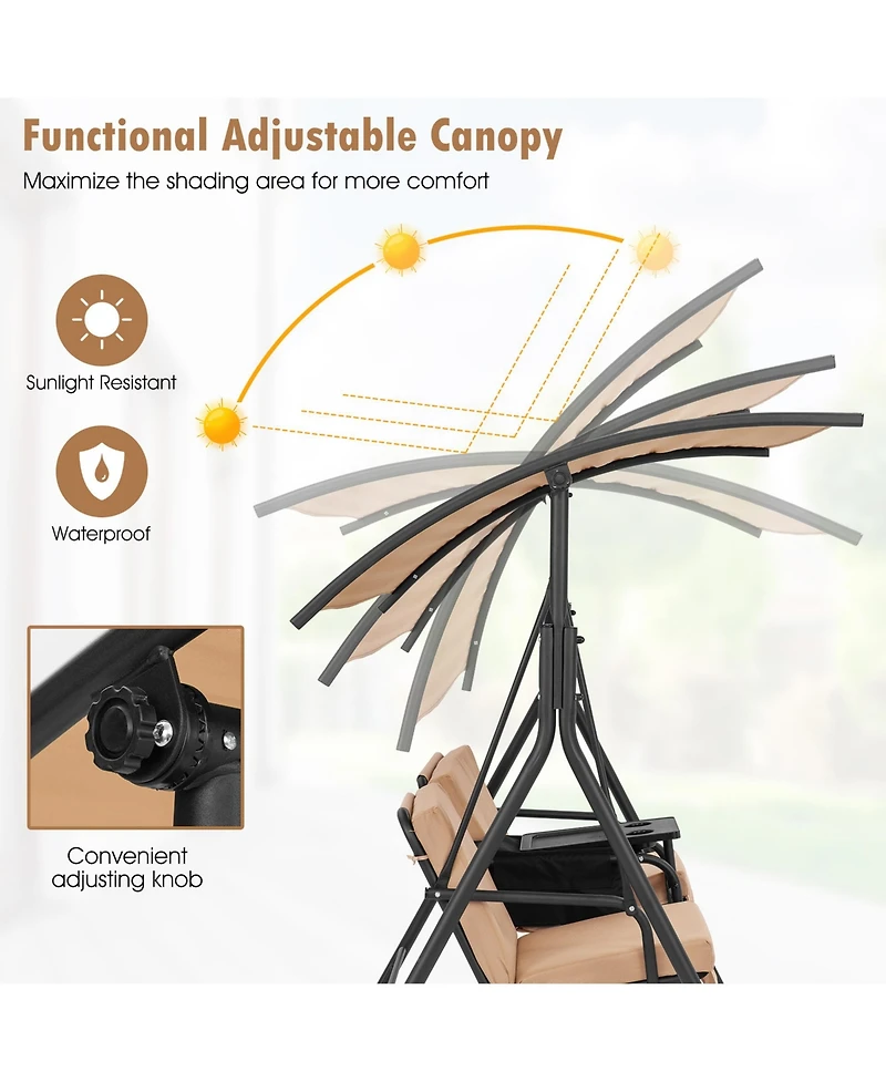 Gymax 2-Person Canopy Porch Swing Padded Chair Cooler Bag Rotatable Tray