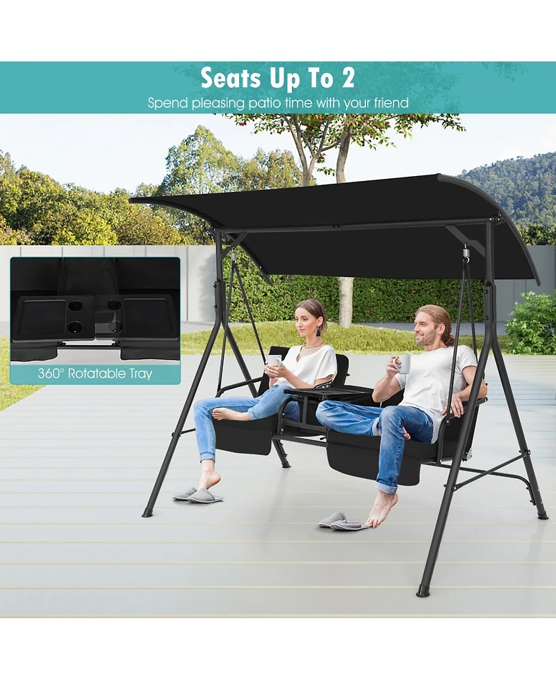 Gymax 2-Person Canopy Porch Swing Padded Chair Cooler Bag Rotatable Tray