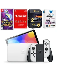 Nintendo Switch White Oled Console with Pokemon Violet, Nso 12 Month Family Membership, MightySkins Console and Controller Skin Voucher, and 2 Year Cp