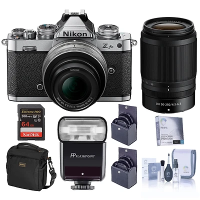 Nikon Z fc Dx-Format Mirrorless Camera with 16-50mm f/3.5-6.3 Lens, Silver and 50-250mm f/4.5-6.3 Lens, Bundle with Zoom-Mini Ttl R2 Flash, 64GB Memor