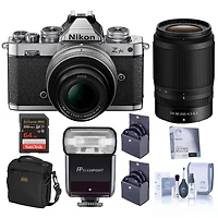 Nikon Z fc Dx-Format Mirrorless Camera with 16-50mm f/3.5-6.3 Lens, Silver and 50-250mm f/4.5-6.3 Lens, Bundle with Zoom-Mini Ttl R2 Flash, 64GB Memor