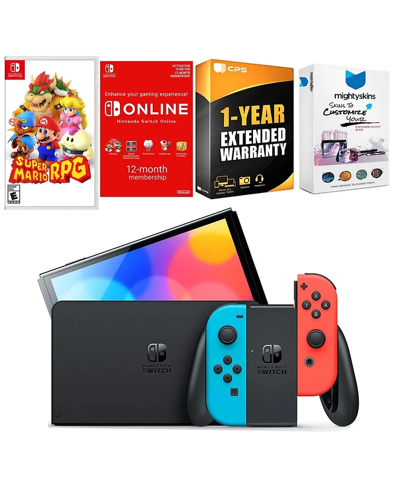 Nintendo Switch Neon Red & Blue Oled Console with Super Mario Rpg , Nso 12 Month Family Membership