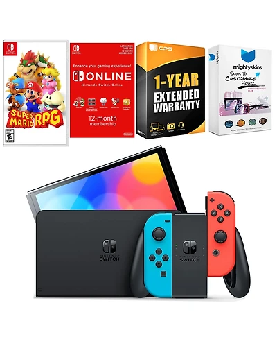 Nintendo Switch Neon Red & Blue Oled Console with Super Mario Rpg , Nso 12 Month Family Membership