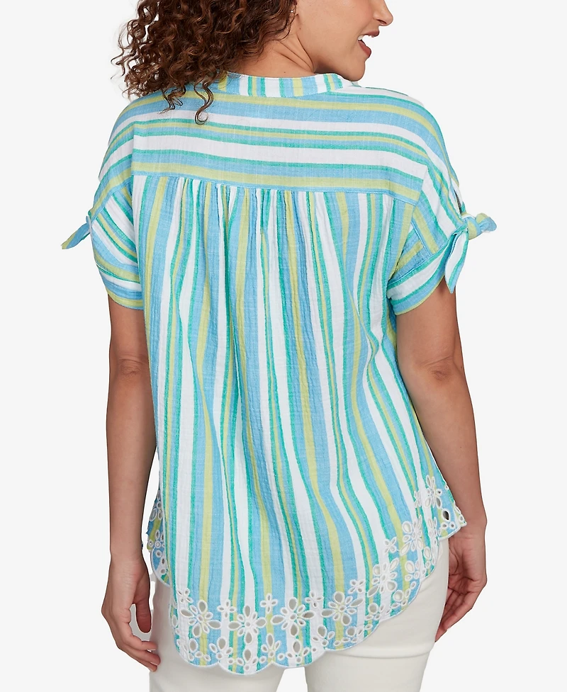 Ruby Rd. Petite Scalloped Stripe Embroidered Tie Sleeve Top