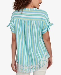 Ruby Rd. Petite Scalloped Stripe Embroidered Tie Sleeve Top