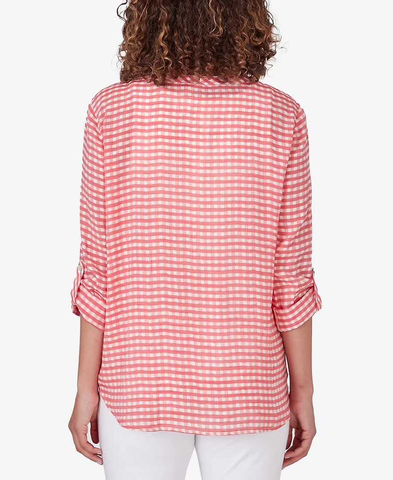Ruby Rd. Petite Gingham Silky Henley Crew Neck Top