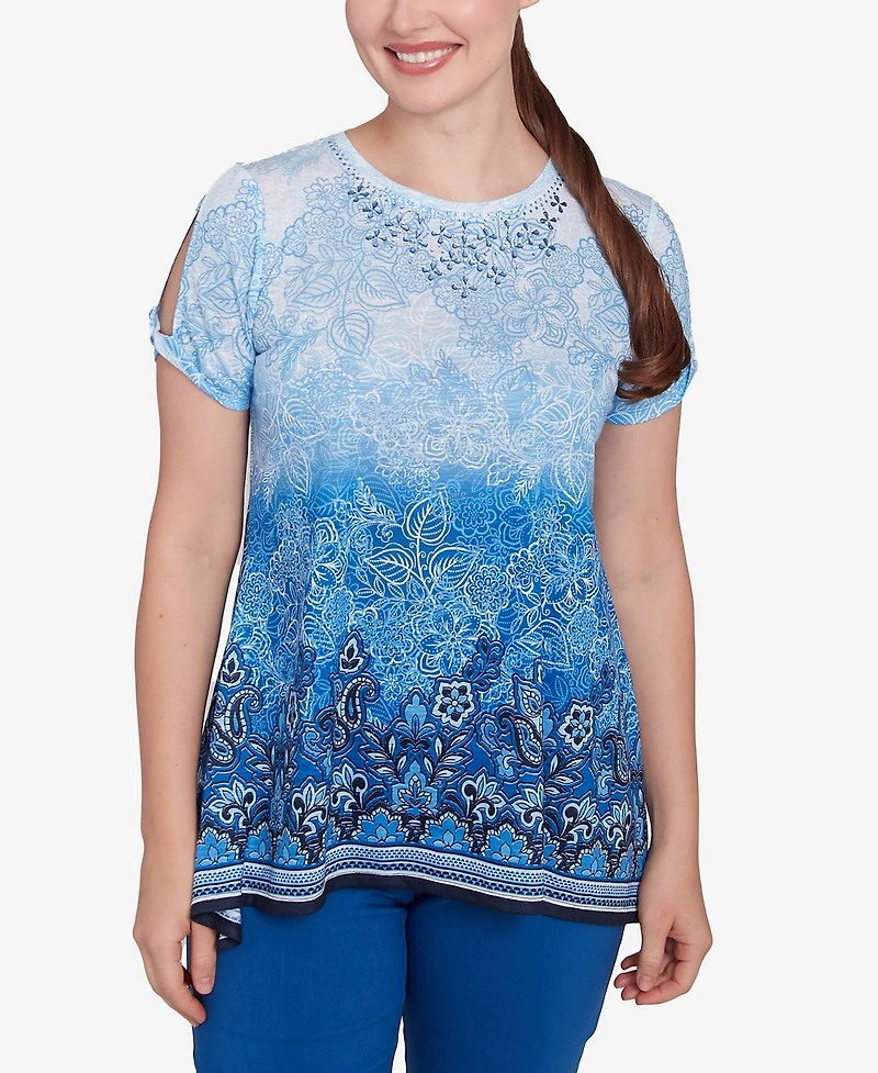 Ruby Rd. Petite Crystal Ombre Cold Shoulder Crew Neck T-Shirt